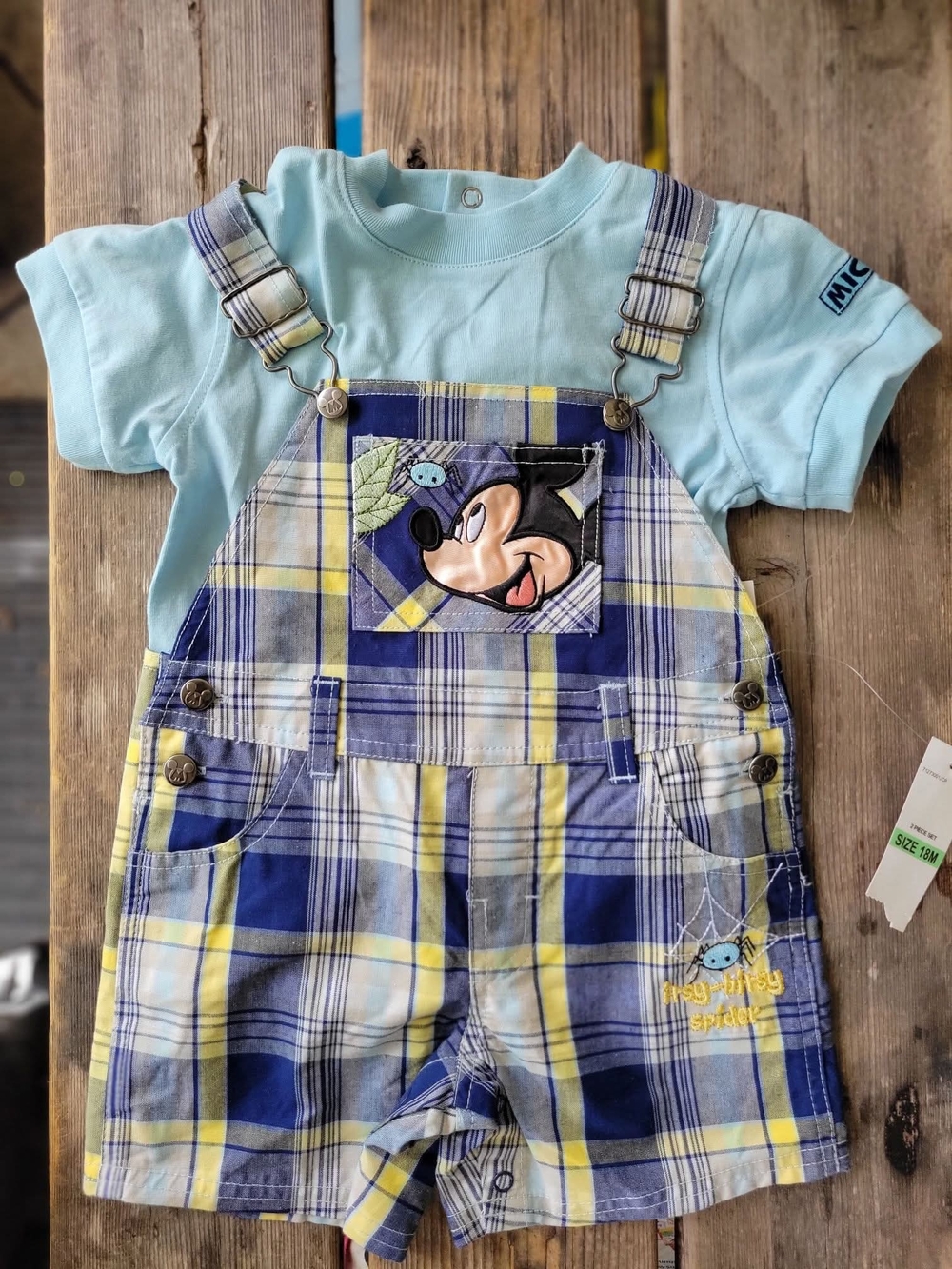vintage DISNEY BABIES SZ 18M NWT 2pc BLUE Yellow PLAID MICKEY MOUSE Overalls